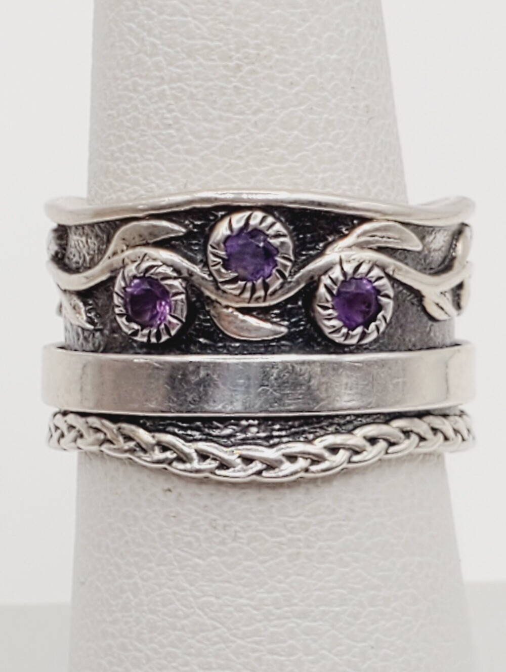 Genuine Amethyst 925 Sterling Silver Fidget Spinner Braided Band Leaf Ring - Picture 1 of 11